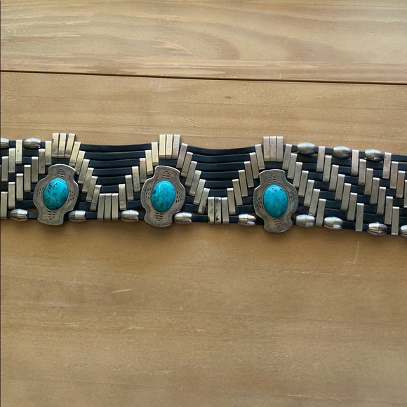 Vintage Leather Turquoise Concho Belt Size M Silver Black Blue Cowgirl Statement - Picture 3 of 8